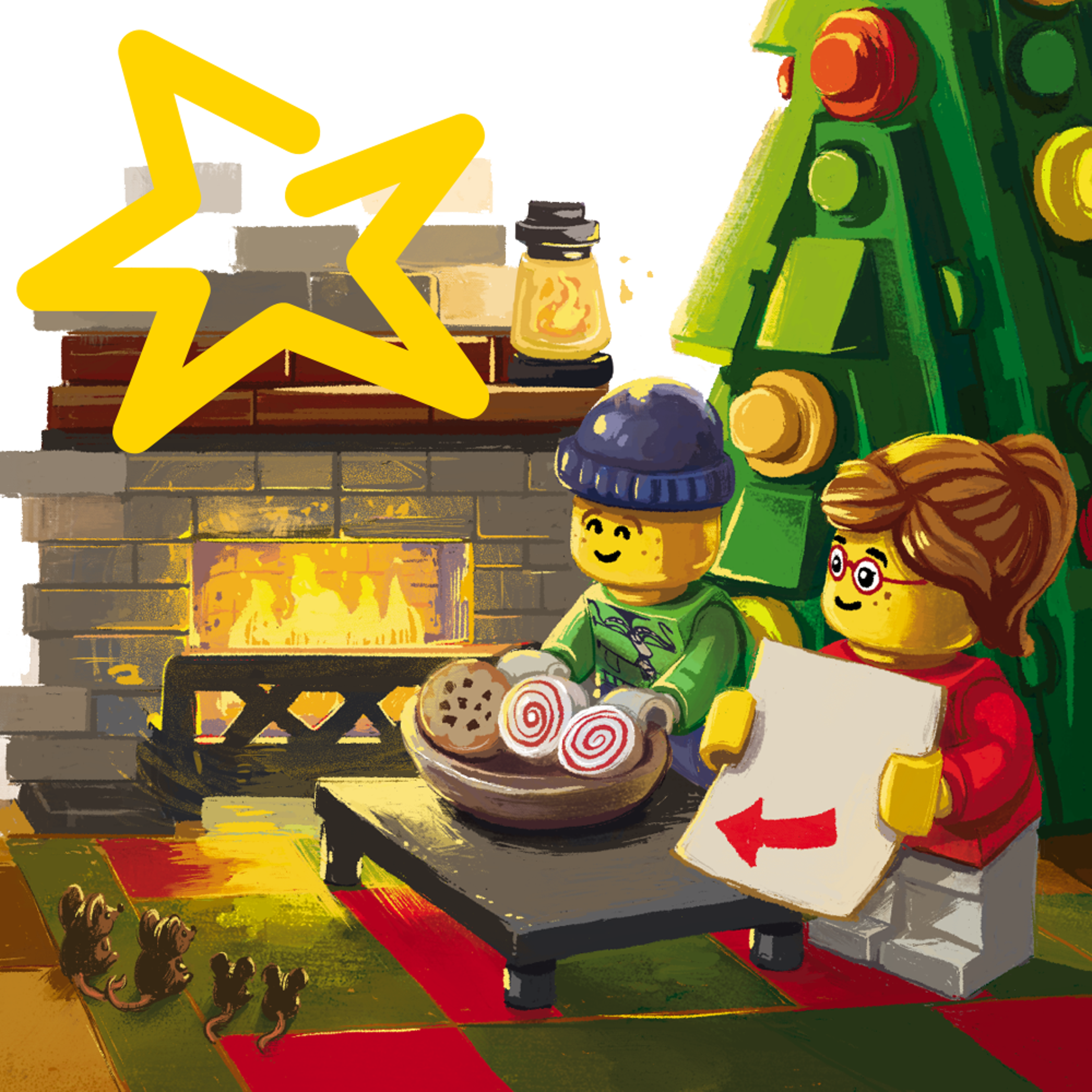 A minifigure family with cookies by the fire