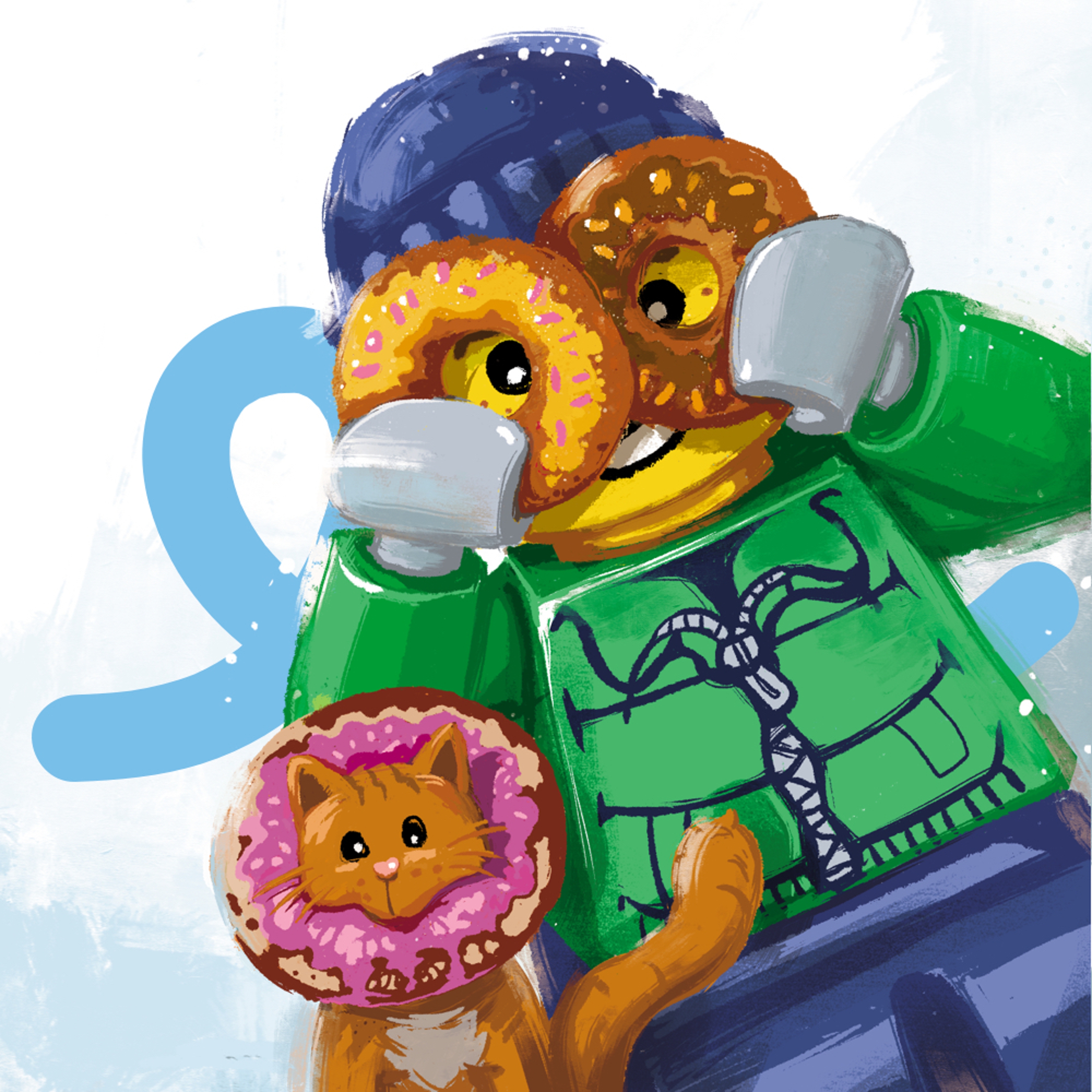 Minifigure looking through donuts with a cat