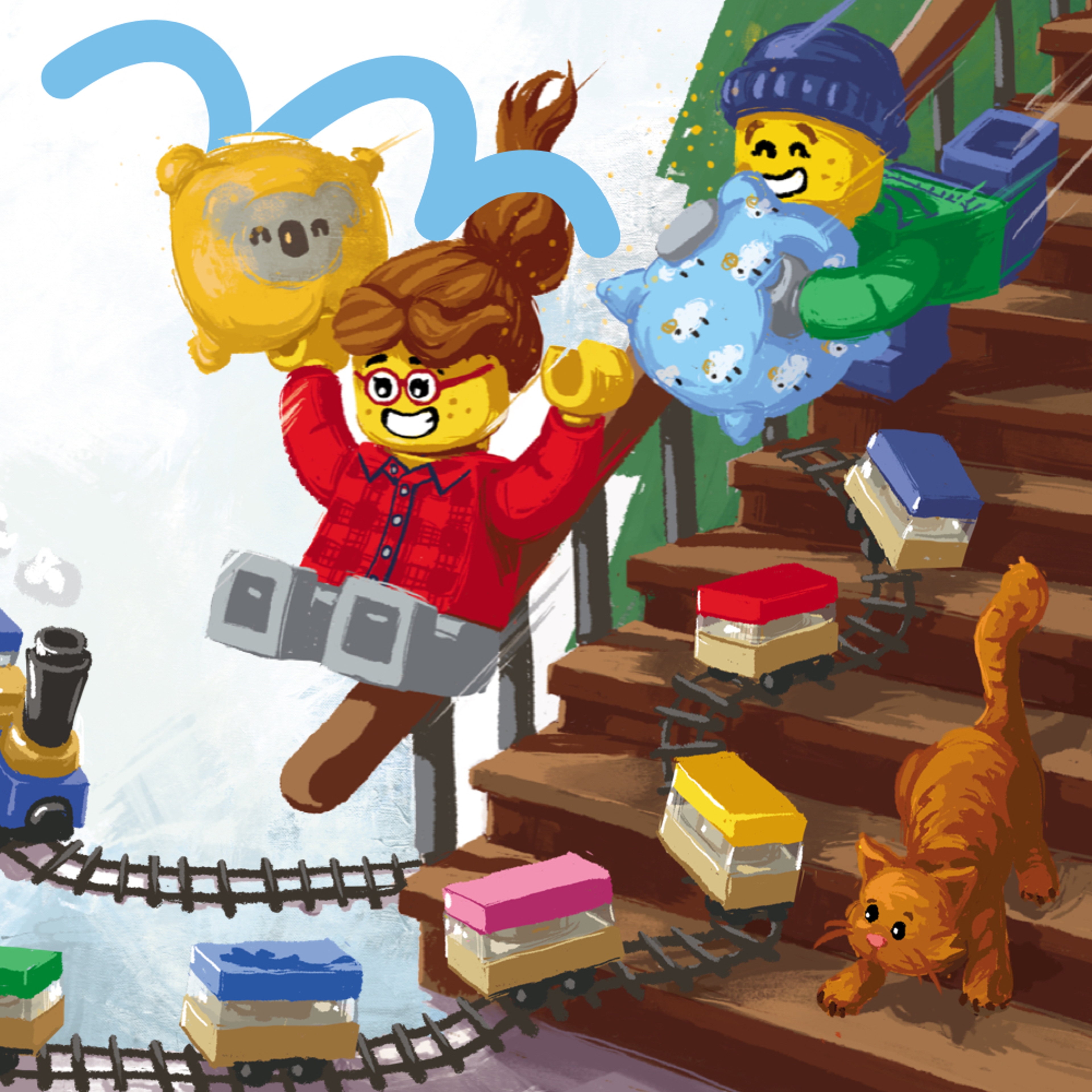 Minifigures racing down the stairs to play with a LEGO train build