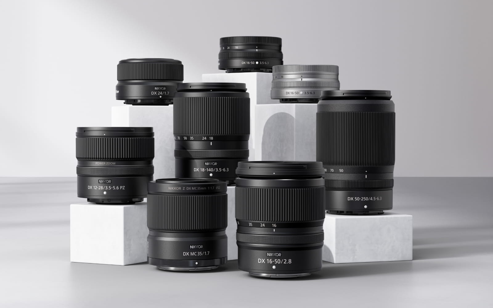 Group of Nikon APS-C size/DX format mirrorless lenses