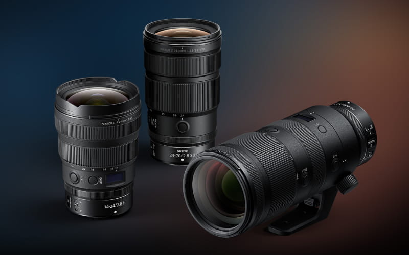 Product photo grouping of the f/2.8 pro zooms: 14-24mm, 24-70mm and 70-200mm lenses