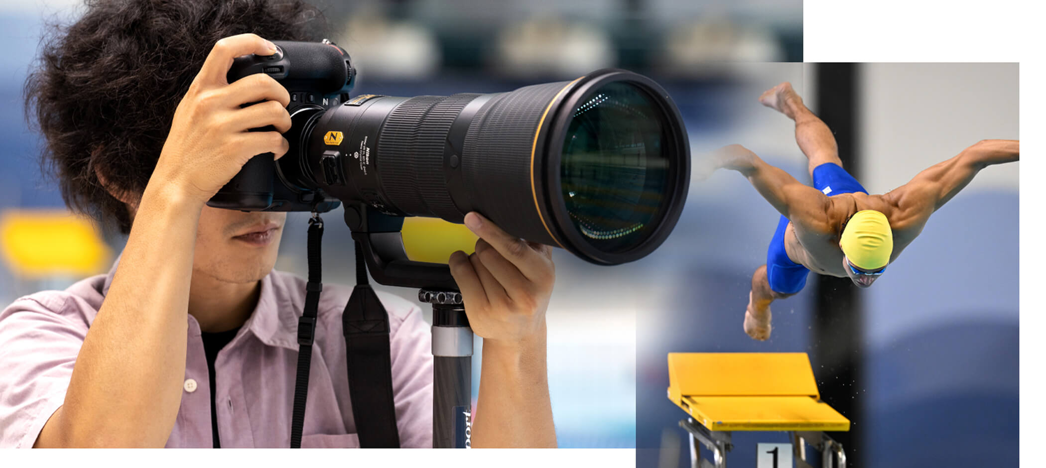 Photo of a photographer using a Z 9 and long lens and FTZ II, composited with a photo of a swimmer