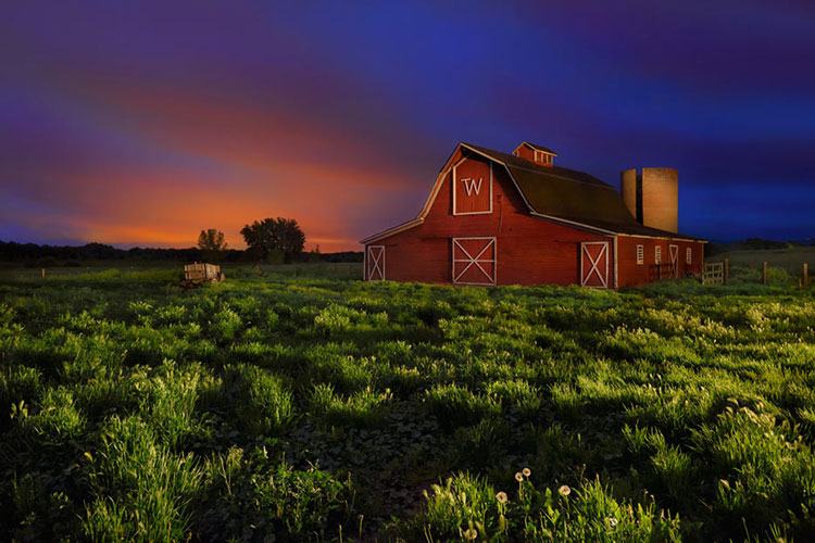 A red barn in a green field during sunset