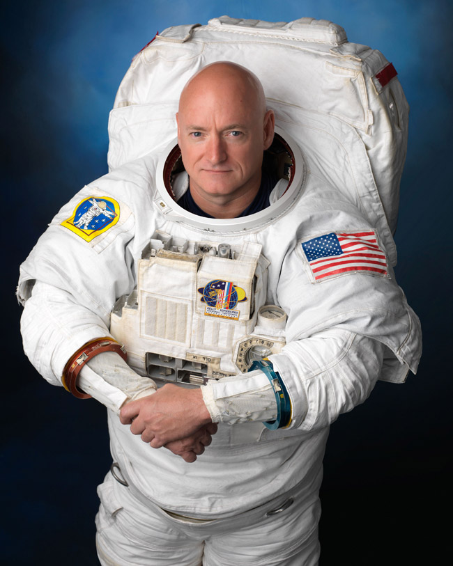 photo of retired naval captain and astronaut Scott Kelly in the EMU spacesuit