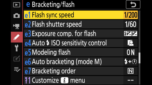 menu screen on the camera's LCD showing the flash sync speed options