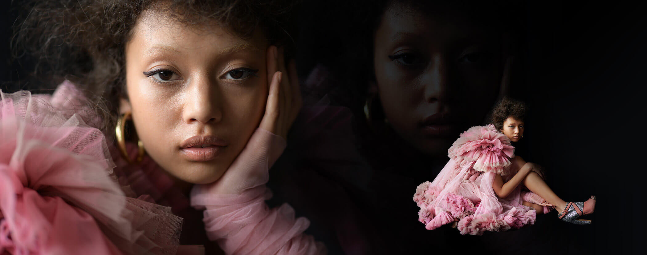 Photo of a woman in a fluffy pink dress inset with a similar photo and headshot, taken with the NIKKOR Z 50mm f/1.2 S lens.