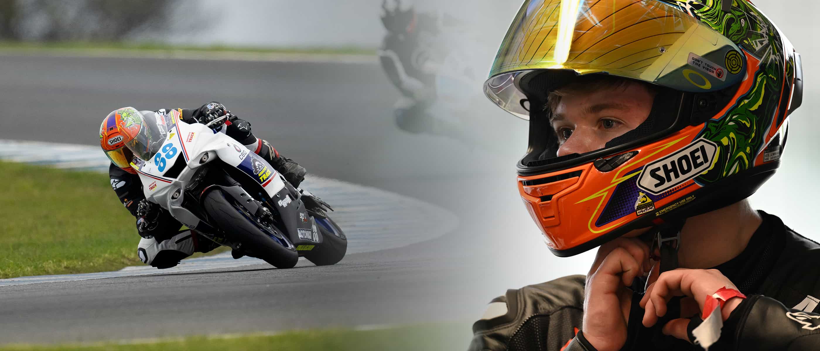 collage photo of a motorcycle rider on a bike on a track and a close up of the rider, taken with the NIKKOR Z 600mm f/4 TC VR S lens.