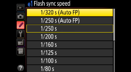 Flash sync speed menu showing the options for Auto FP High Speed Sync