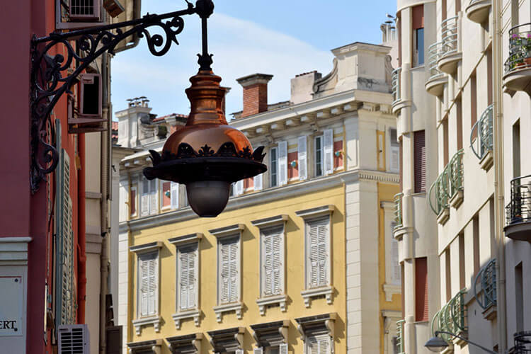 A decorative street lamp in a European city