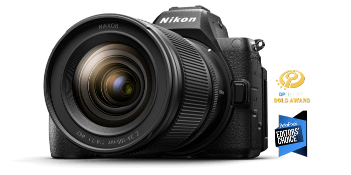 Product view of Z5II with a NIKKOR Z lens. DP Review Gold Award. PetaPixel Editors' Choice.