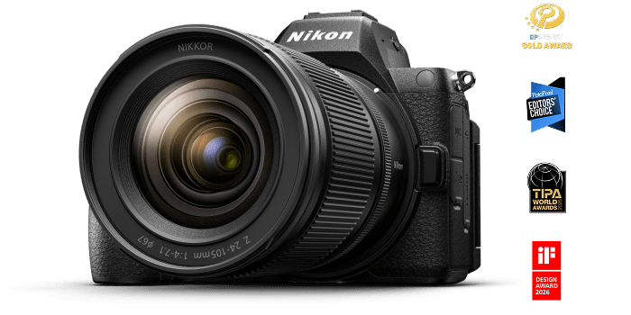 Product view of Z5II with a NIKKOR Z lens. DP Review Gold Award. PetaPixel Editors' Choice.
