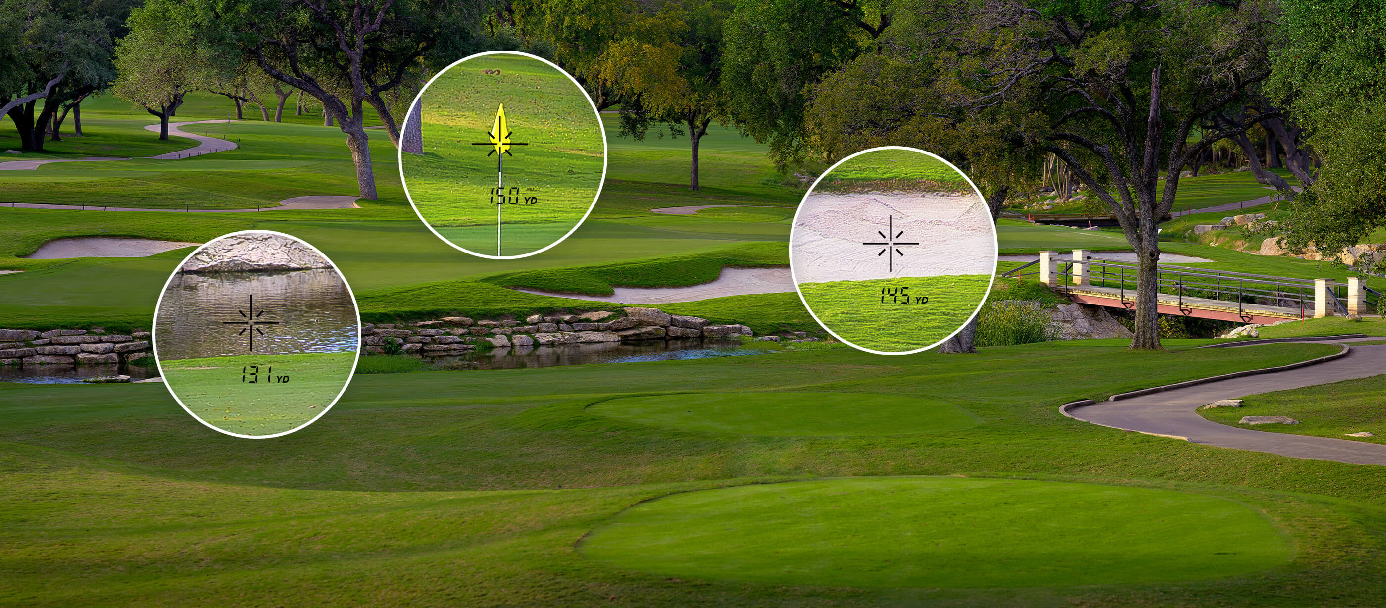 Samples views through the rangefinder of a golf course