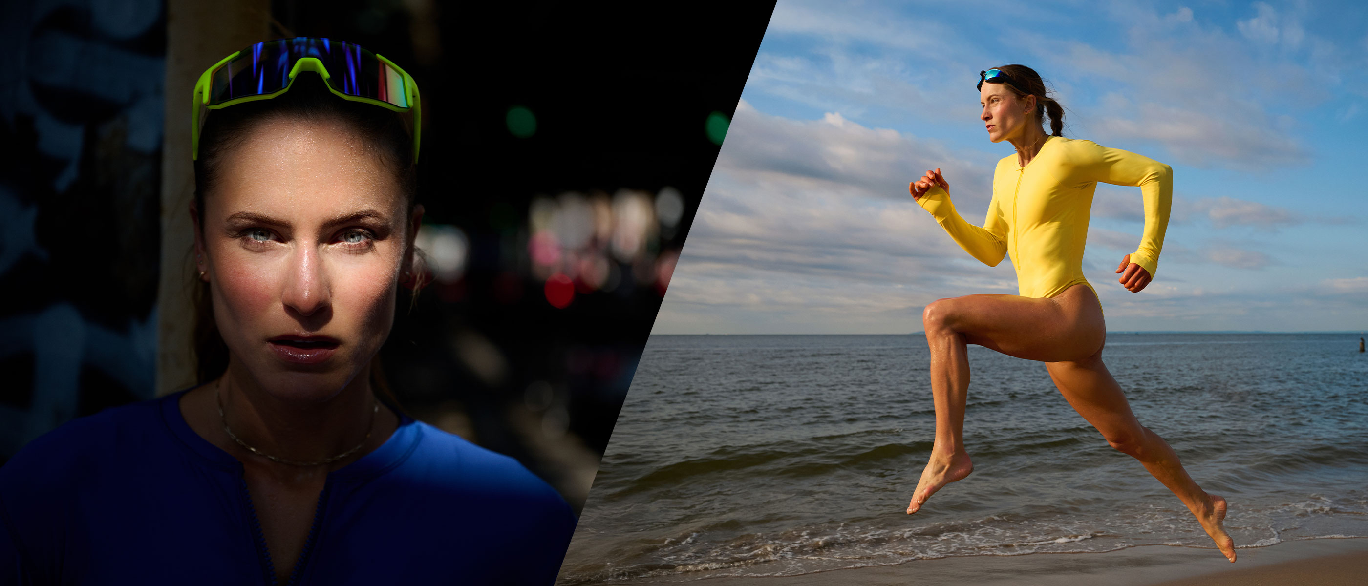 side by side photos taken with the NIKKOR Z 24-70mm f/2.8 S II of a woman close up and running on the beach