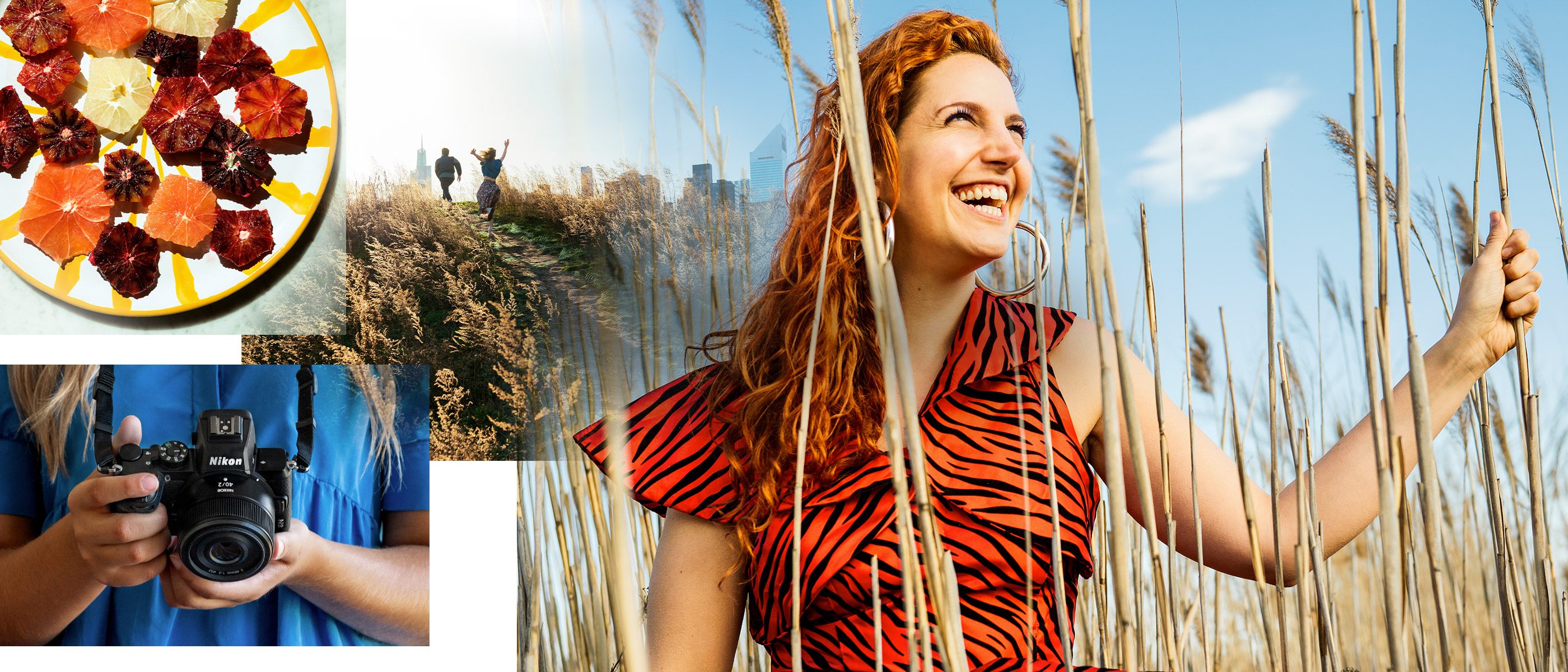 collage of images taken with the NIKKOR Z 40mm f/2 lens including a portrait, plate of food, nature walk and person holding a camera and lens