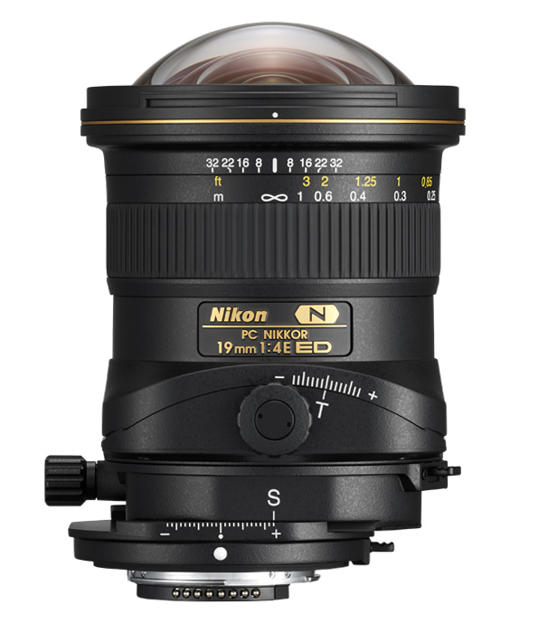product shot of the PC NIKKOR 19mm f/4E ED lens with the shift engaged