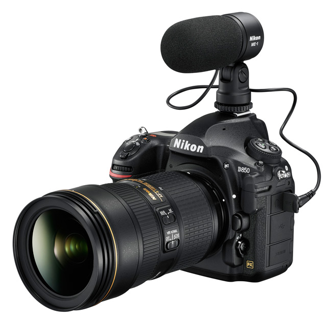 D850 DSLR with 24-70mm E lens attached and ME-1 Stereo mic