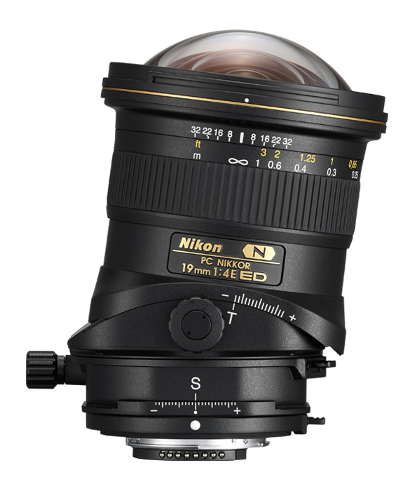product shot of the PC NIKKOR 19mm f/4E ED lens with the tilt engaged