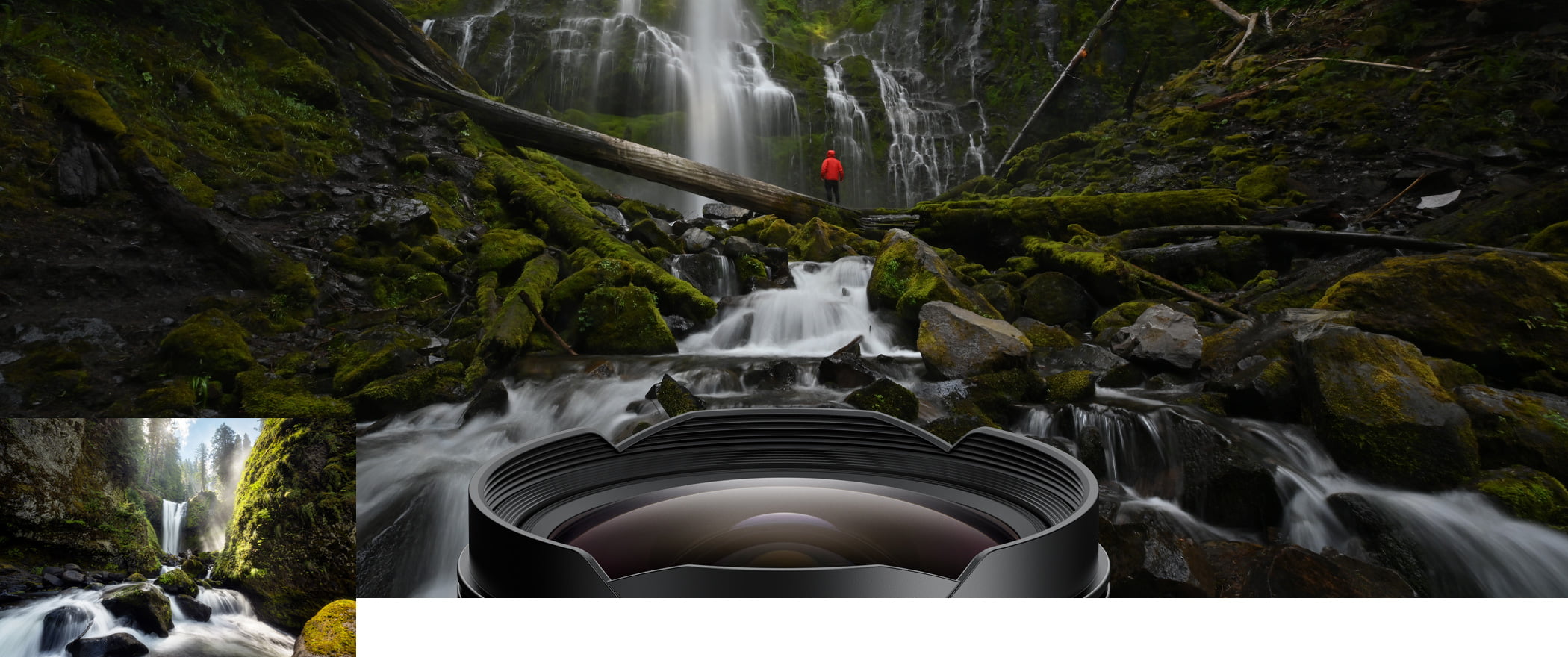 Photo of a person in a forest, inset with another image of a waterfall, both taken with the NIKKOR Z 14-24mm f/2.8 S lens.