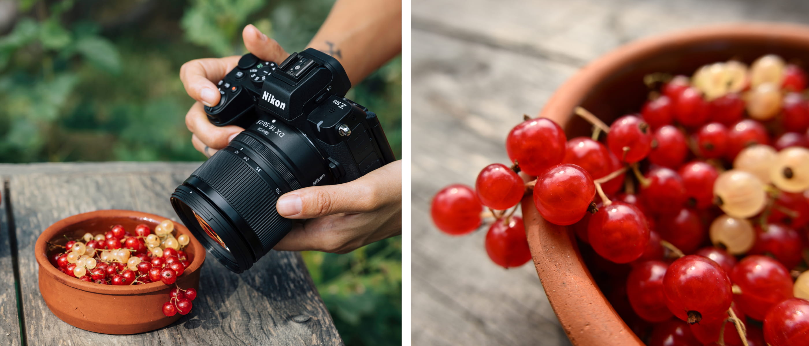 composite photo of a person photographing grapes in a bowl and the image of the grapes, taken with the NIKKOR Z DX 16-50mm f/2.8 VR lens