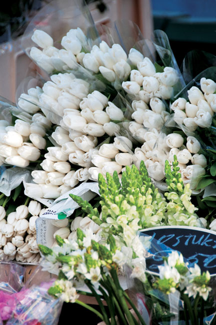 Bouquets of white roses for sale in front of a market