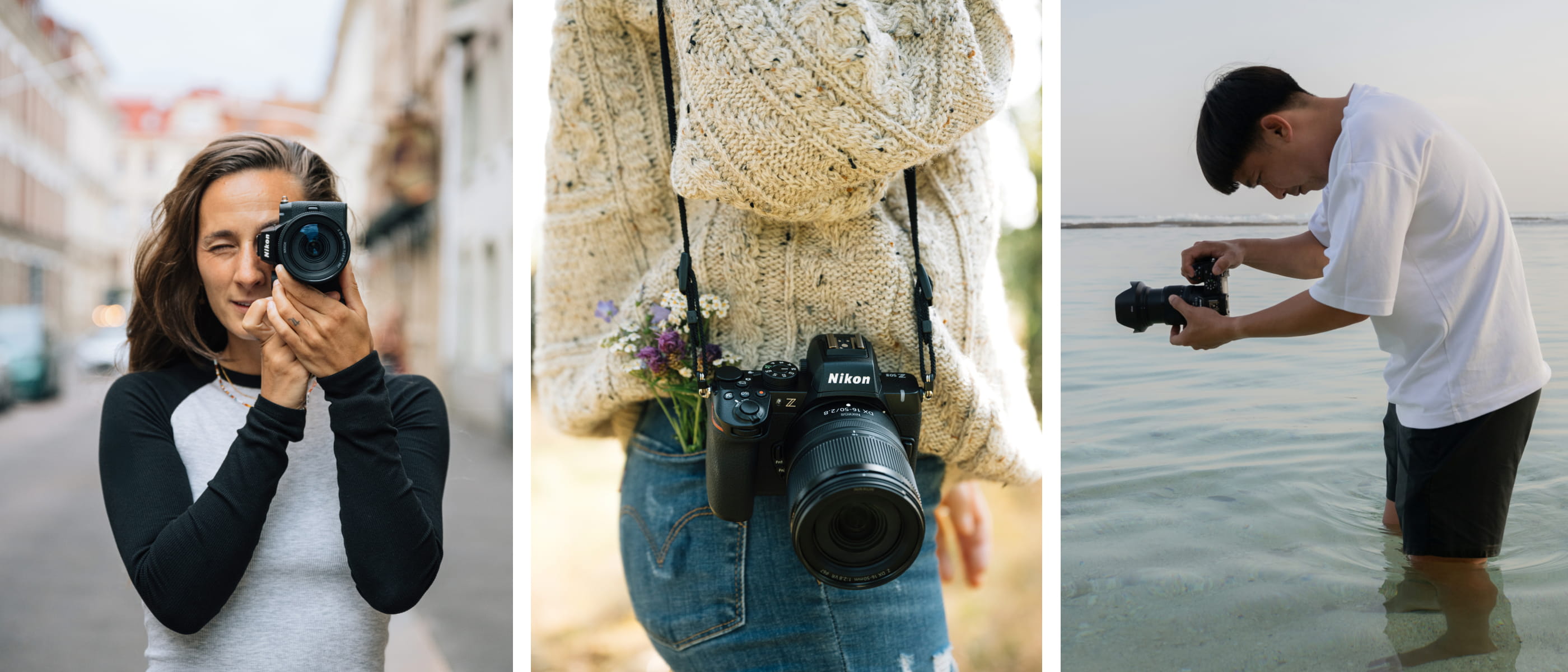 photo of a woman looking through a camera, a camera on a woman's shoulder and a man in water looking at the camera, taken with the NIKKOR Z DX 16-50mm f/2.8 VR lens