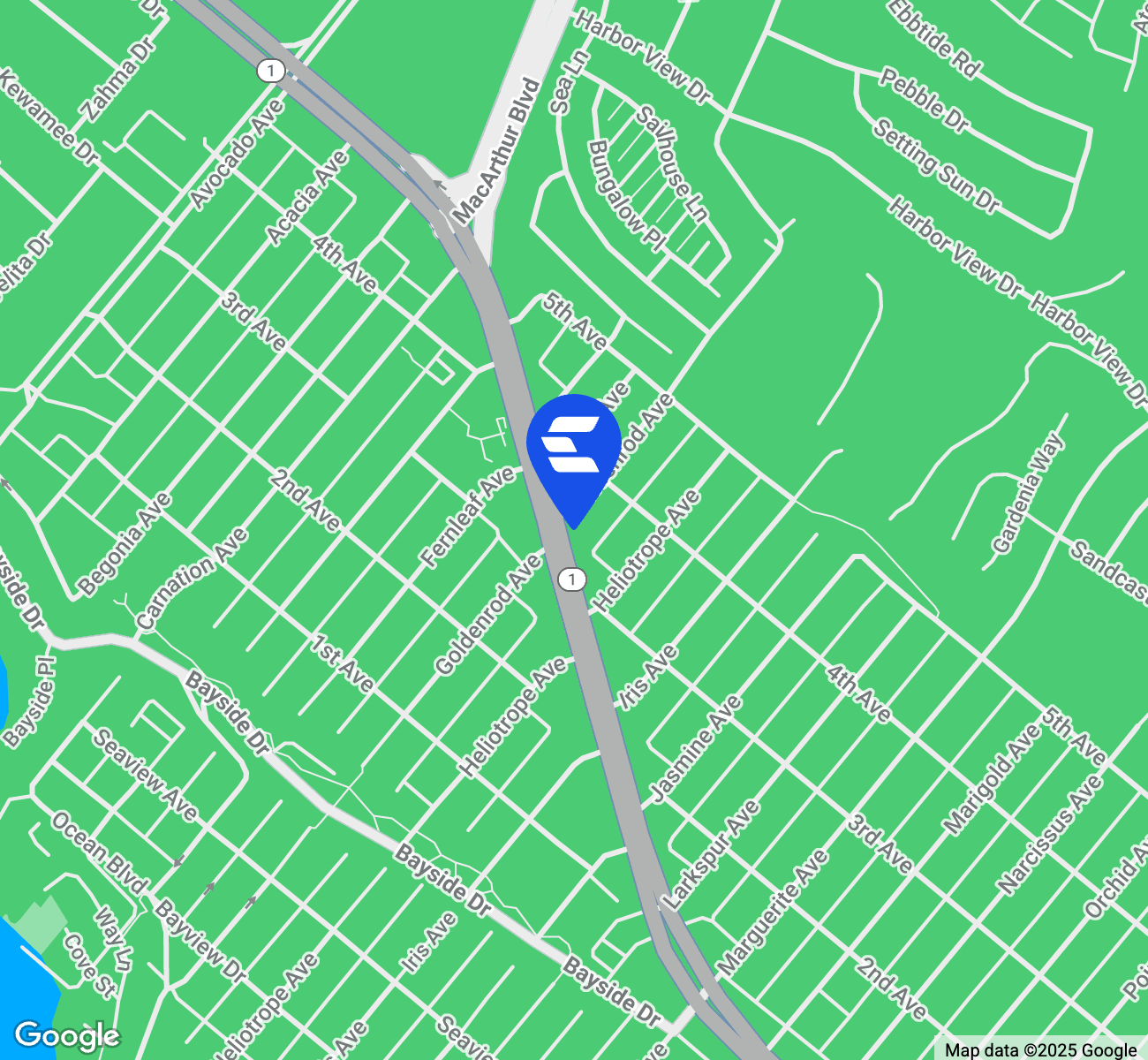Map indicating location of Corona Del Mar Financial Center for Google Maps.