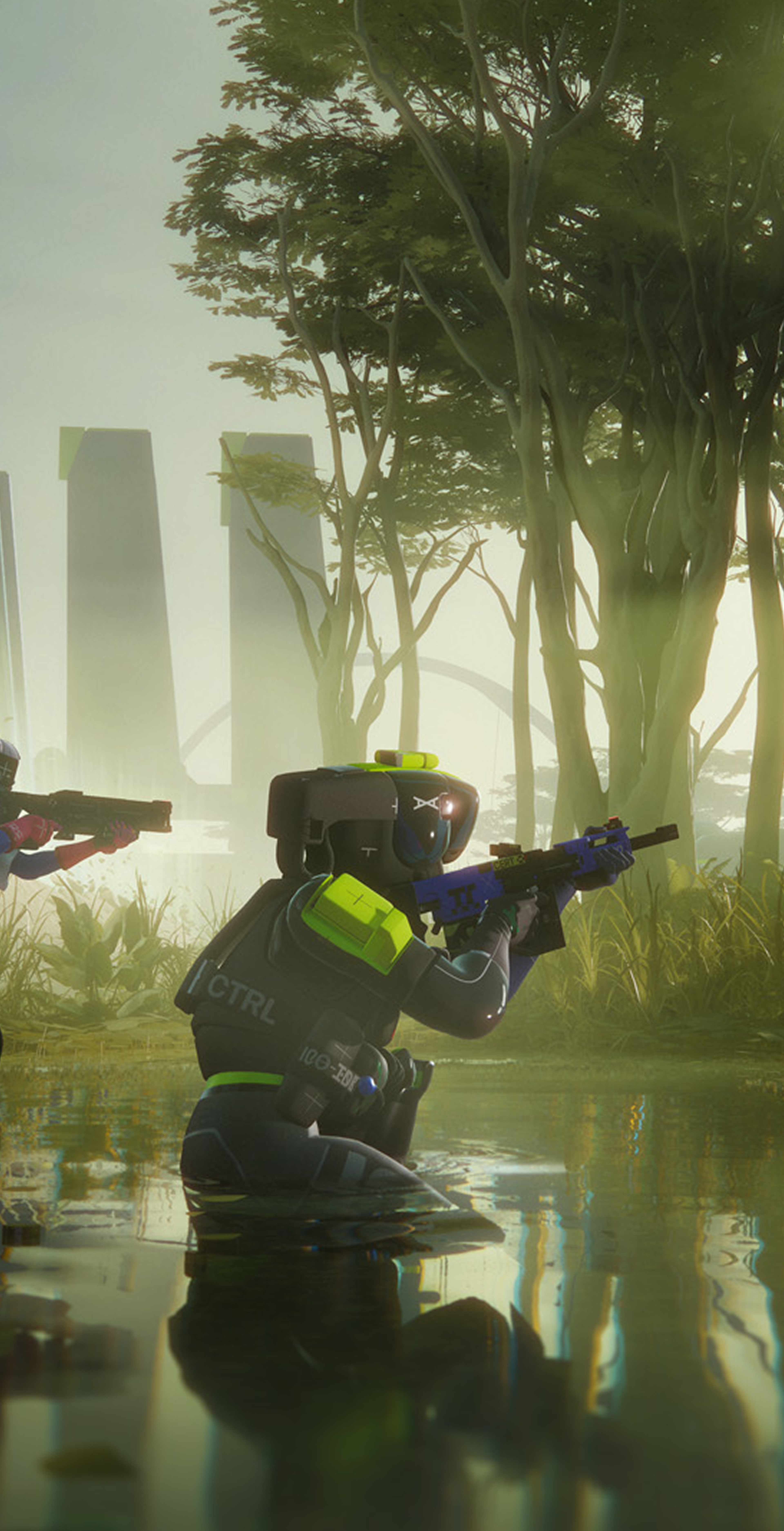 Three Runners creep across the swamplands of Dire Marsh, guns raised.