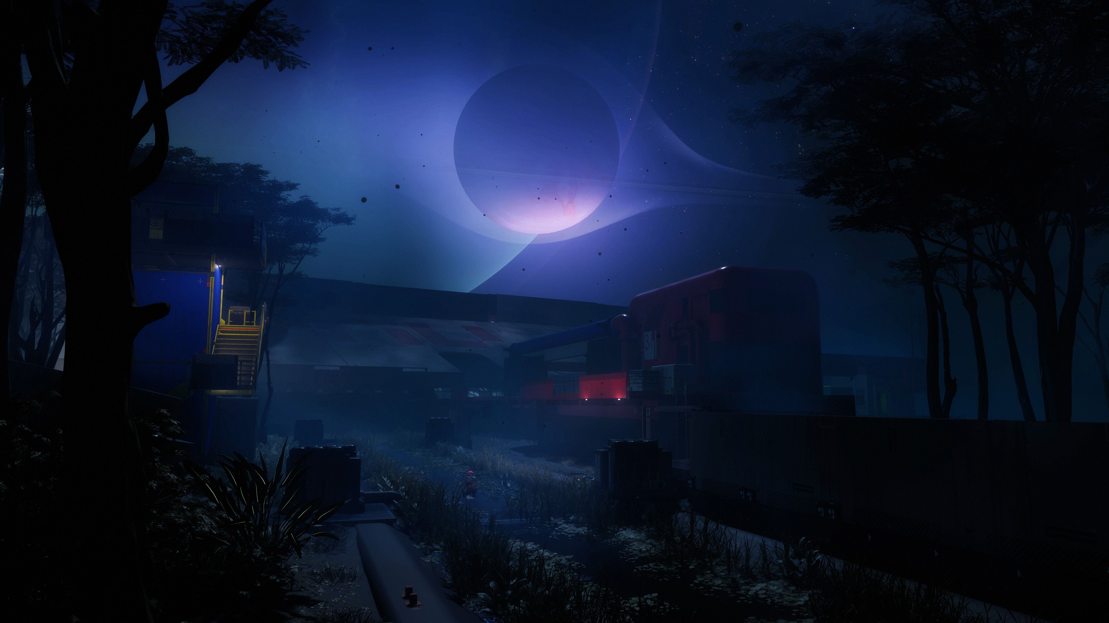Three runners infiltrate the dark corners of the new Night Marsh map while a shadowy enemy stalks them in the distance.
