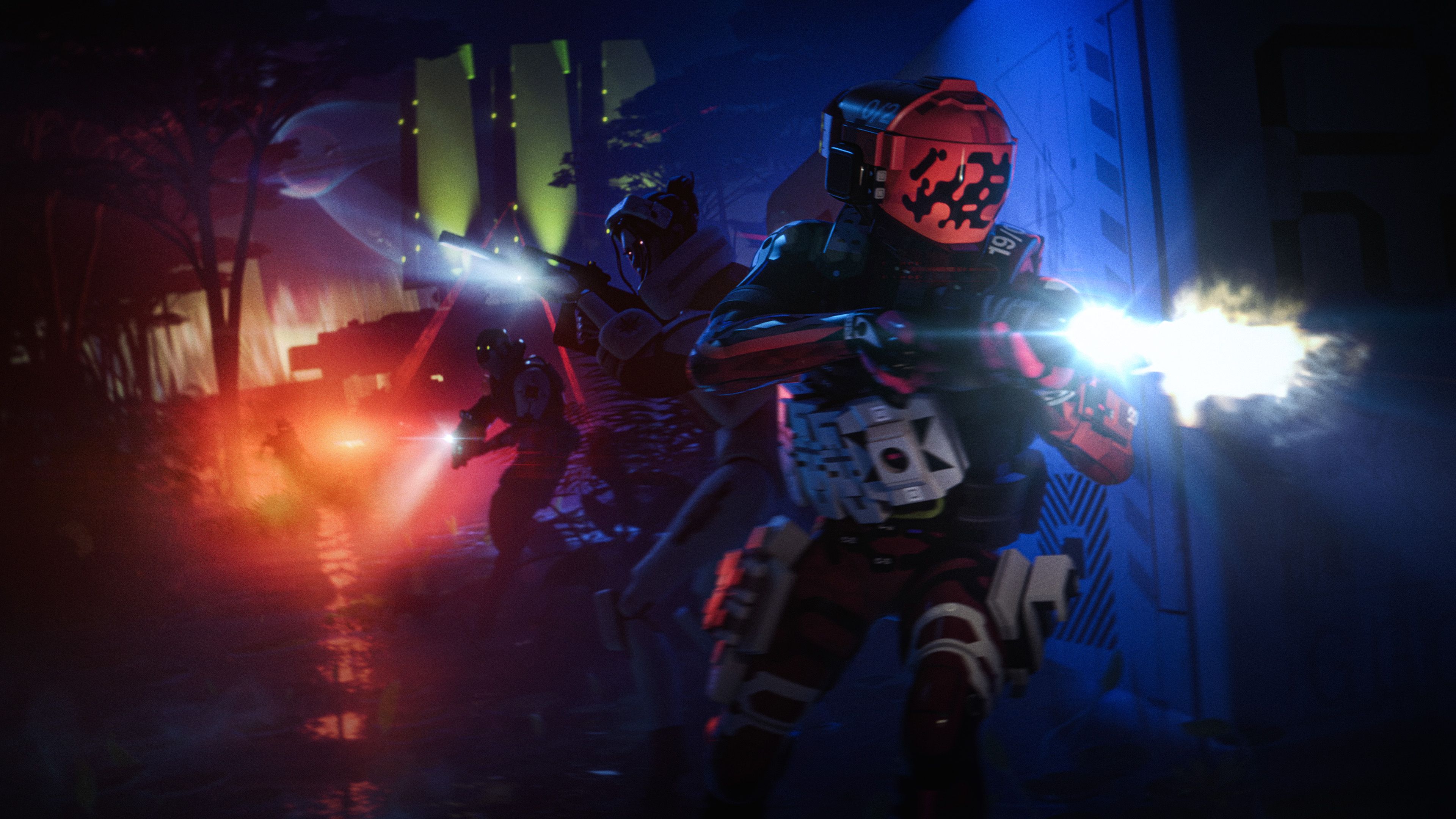 Three runners infiltrate the dark corners of the new Night Marsh map while a shadowy enemy stalks them in the distance.