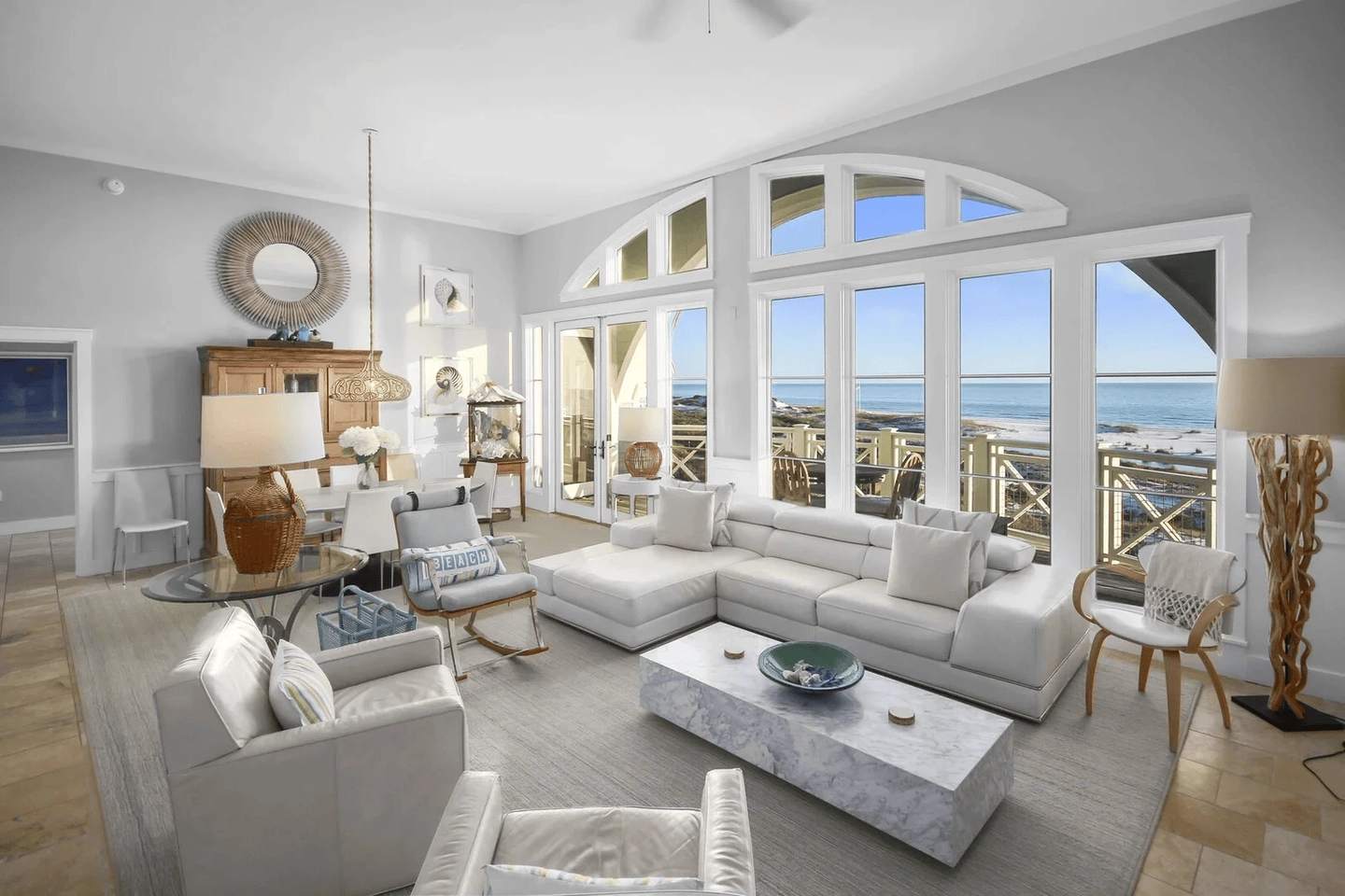 Modern living area in beach house with ocean views