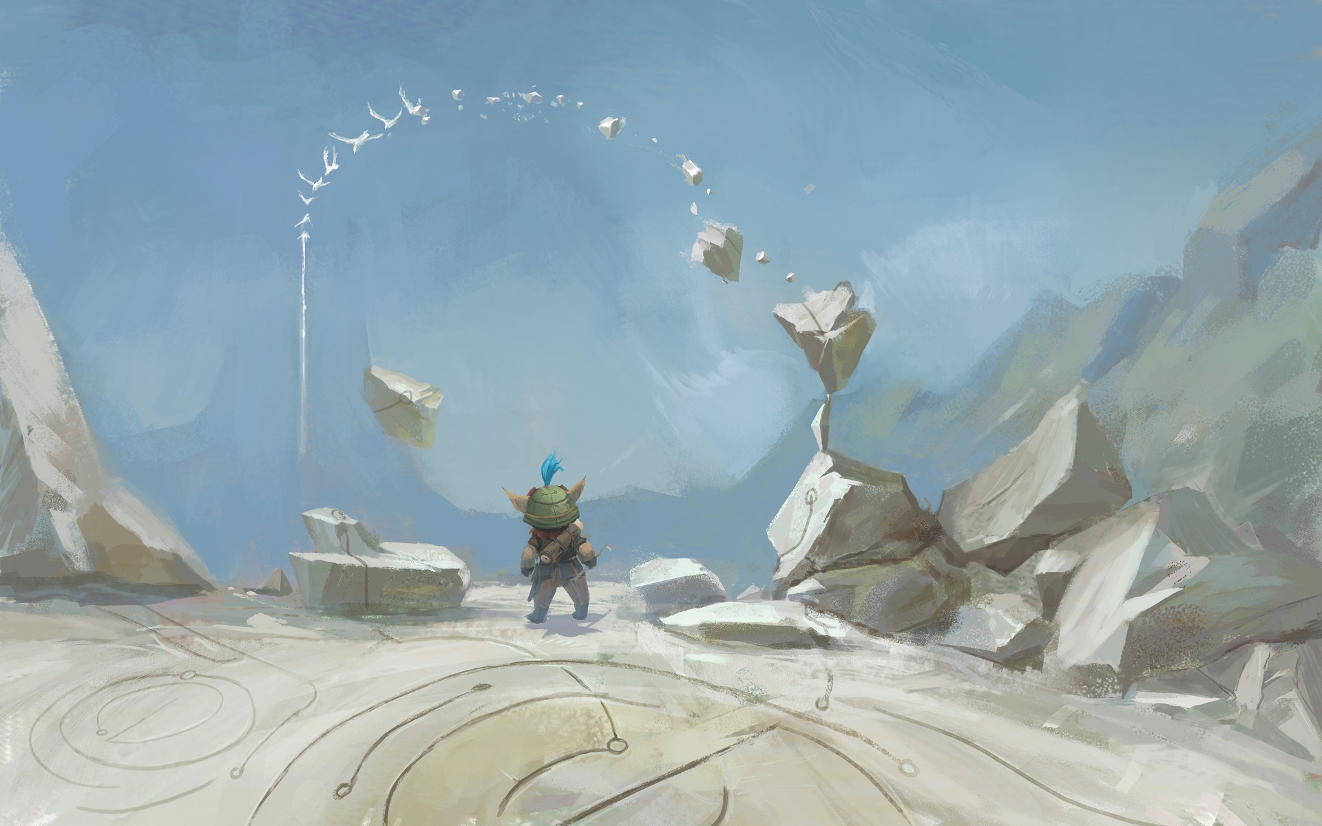 Runeterra is linked to Bandle City, a place spirit realm. There are pathways to get to there, some are like puzzles while some of them shift locations over time. Teemo is shown standing in front of one of the pathways that has boulders and rocks floating.