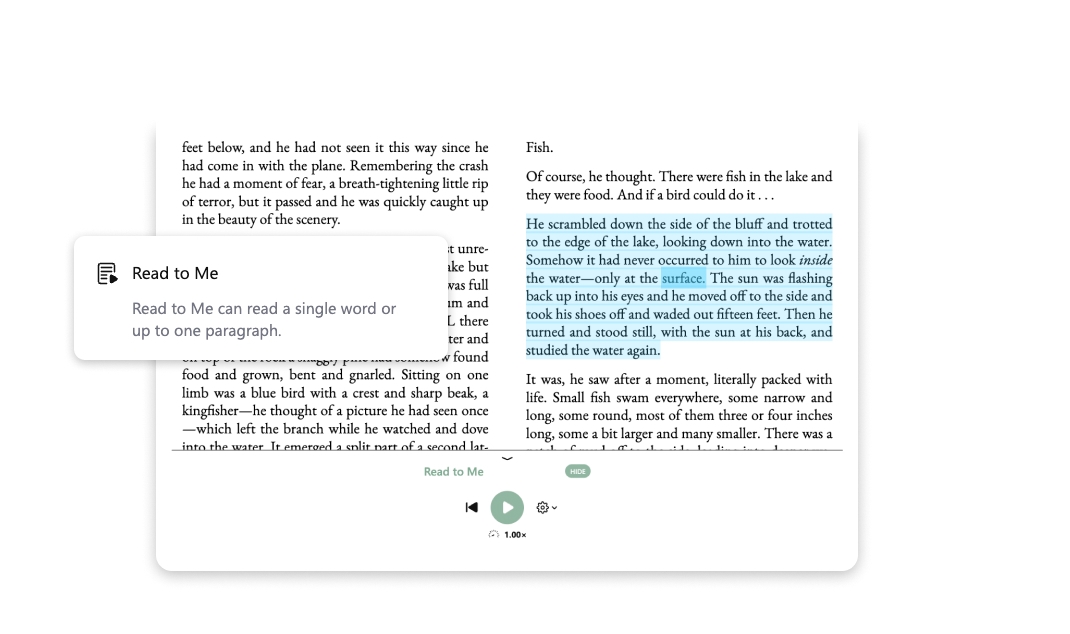 Select a word, phrase, sentence, or paragraph in an ebook and choose Read to Me to hear the selected text read aloud.