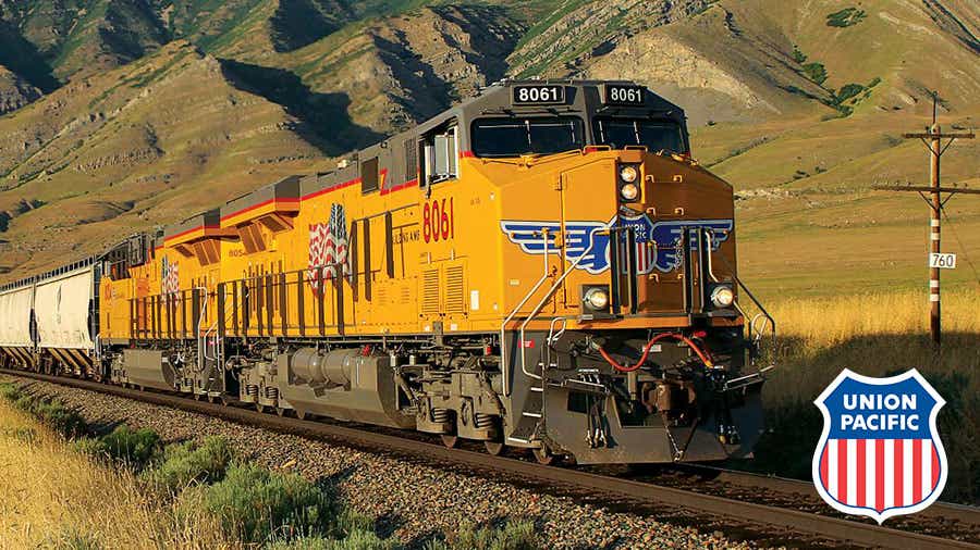 Union Pacific train on train tracks.