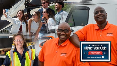 A collage of Schneider associates - office, drivers and a diesel mechanic - with Newsweek's award logo 