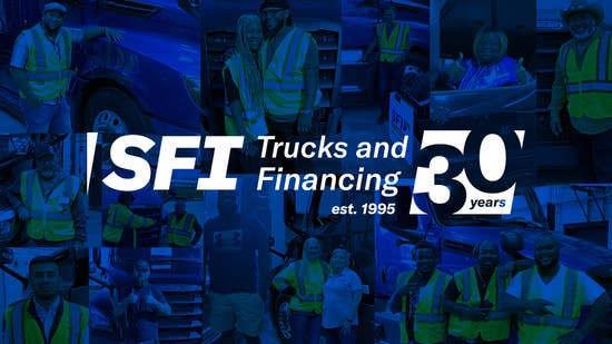 A collage of SFI client photos with their new leased semi trucks and SFI 30th anniversary logo on top.