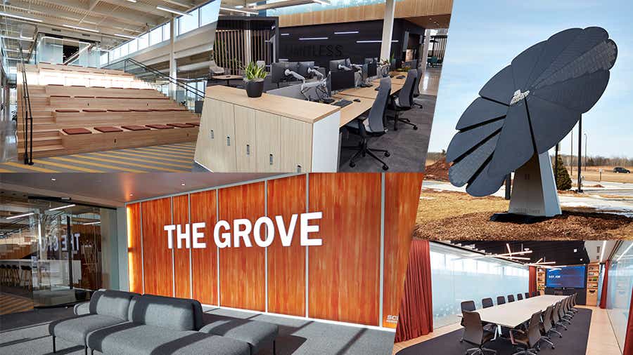 A collage showing some of The Grove's unique features like the stadium seating conference space, work stations with computer monitors, the flower-shaped solar panels, large conference room and entry space with words "The Grove"