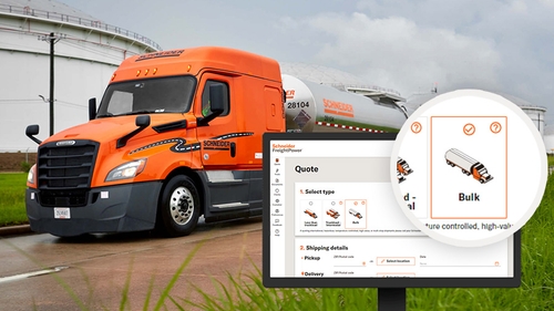 Schneider Bulk truck with screen shot of Schneider FreightPower