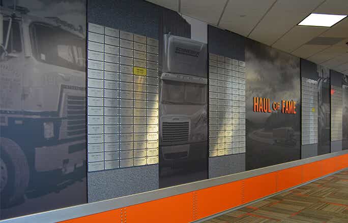 Image of Schneider’s Haul of Fame award wall at corporate headquarters in Green Bay, WI.
