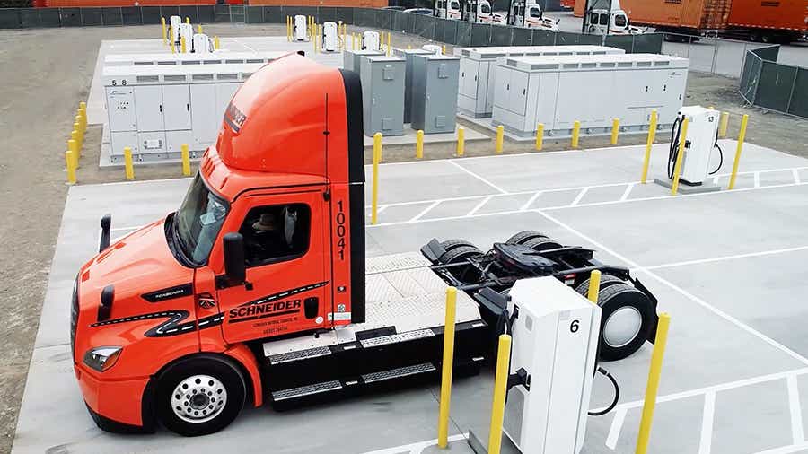 Schneider's new electric truck charging depot in Southern California.