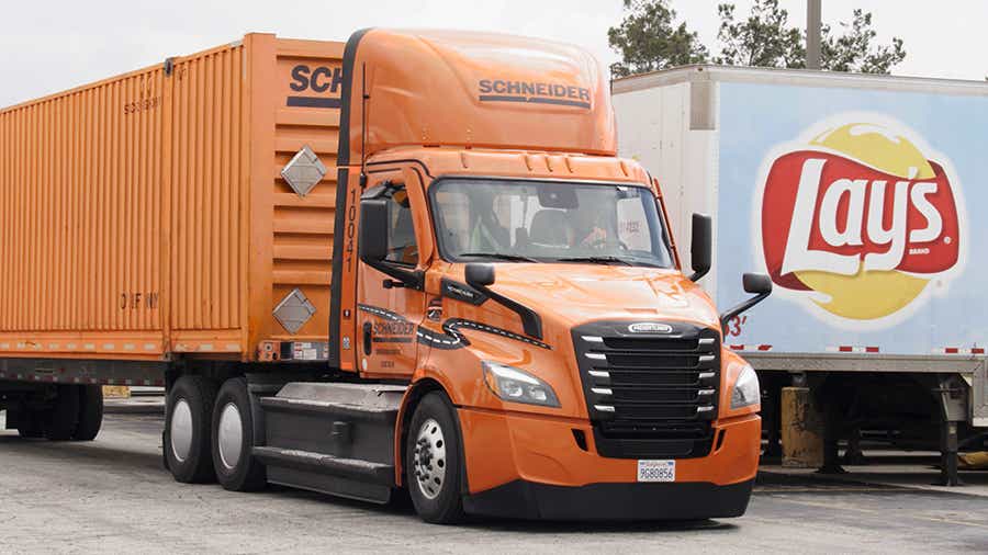 Schneider intermodal electric truck completing first delivery.