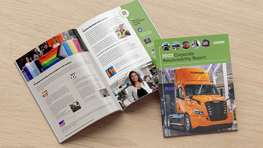 The cover and a two-page spread from Schneider's 2022 Corporate Responsibility Report