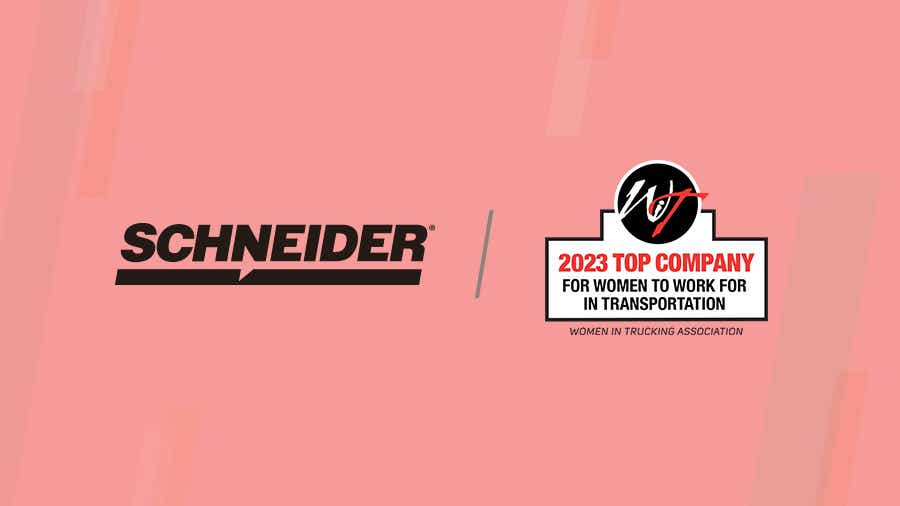Schneider's logo next to the Women in Trucking 2023 Top Company for Women to Work in Transportation logo