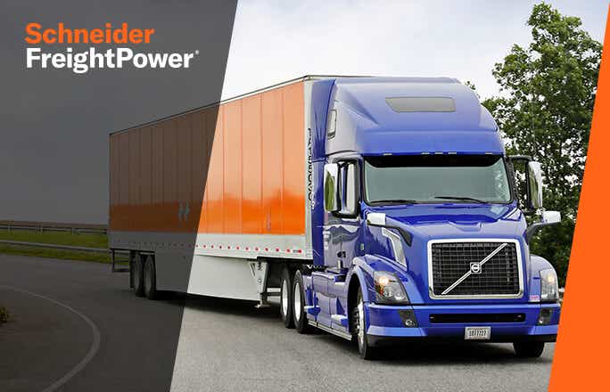 Schneider FreightPowerR  logo and an image of a Schneider trailer being pulled by a blue truck.