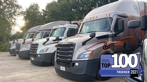 Schneider trucks parked in a line.