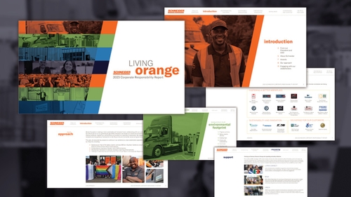 The cover of Schneider's 2023 Corporate Responsibility Report overlapping five internal pages on top of a background containing blurred Schneider-related images.