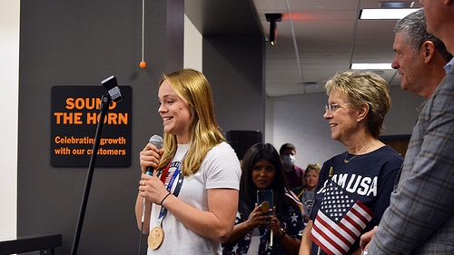 Krysta Palmer and her family sounds the horn at Schneider.
