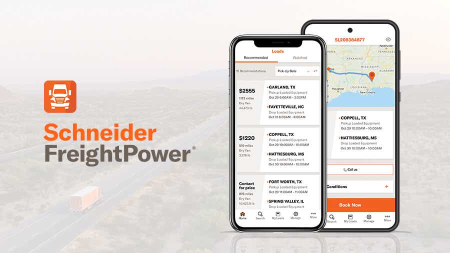 Mobile phones showcase features of Schneider's FreightPower's app