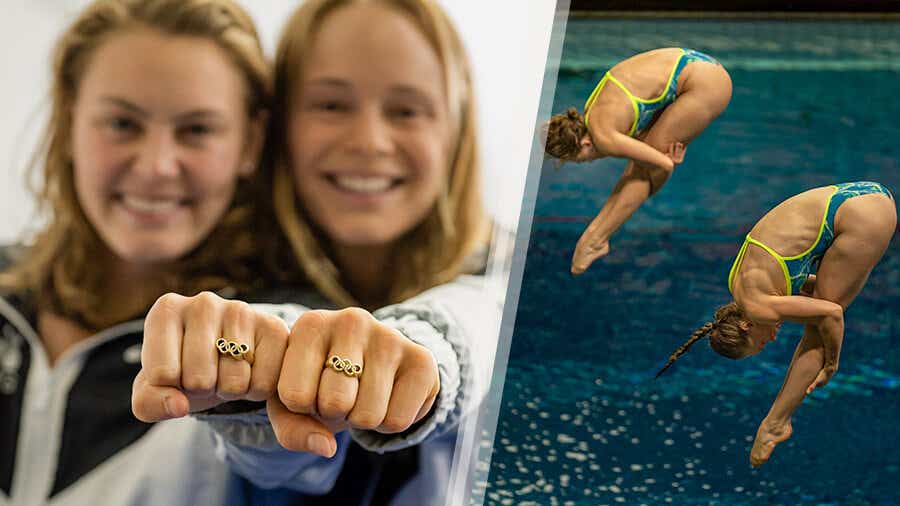 Krysta Palmer and her partner, Alison Gibson show Olympic rings and dive.