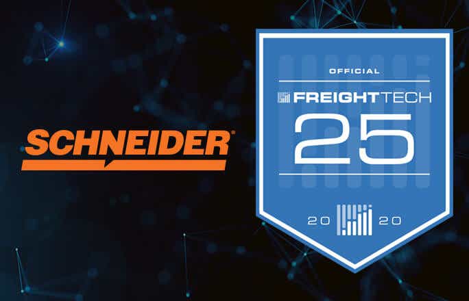 Image of FreightWaves FreightTech 25 award emblem and the Schneider logo
