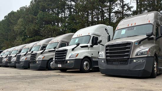 A row of several Freightliner Cascadias in the lot of a Schneider facility as part of Schneider's used equipment sales.